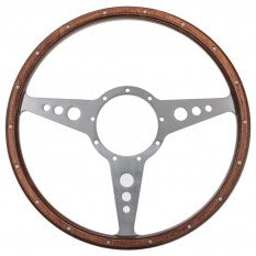 489-070 STEERING WHEEL TOURIST TROPHY 14" WOOD RIM MATT ALUMINIUM DRILLED SPOKES